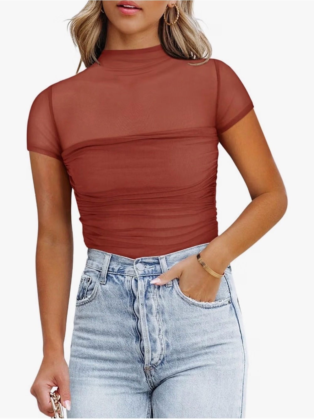 ReoRia Rust Mesh Crop Top with Mock Neck